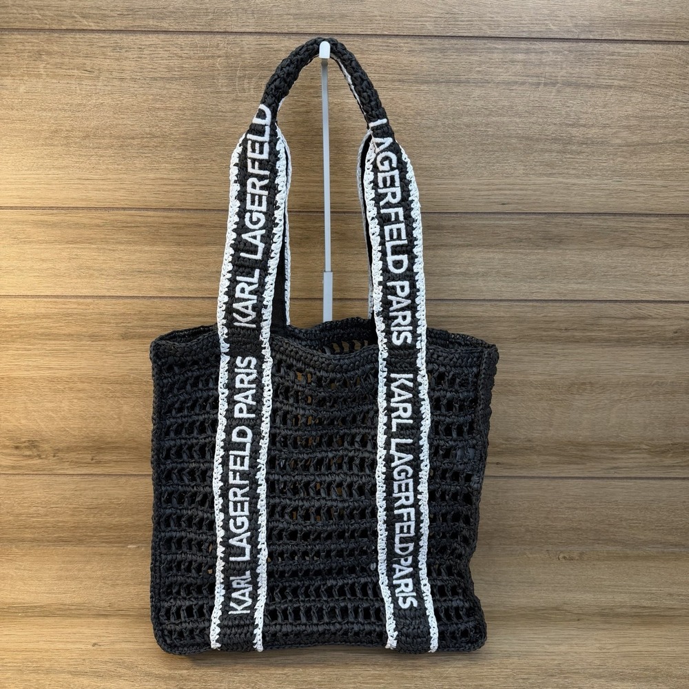 NEW KARL LAGERFELD *ANTIBES* Black/White LOGO STRAP TOTE Shoulder Bag